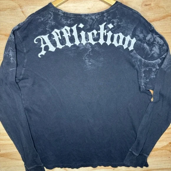 Affliction Cut Series Thermal Mens 2XL Big Skull Goth Grunge Distressed Made USA - Picture 5 of 8
